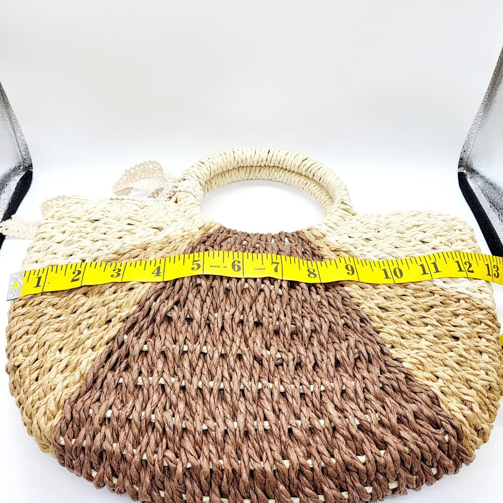 Convertible Brown Beige Colorblock Raffia Rattan Straw Handbag Purse Vacation - Picture 11 of 12